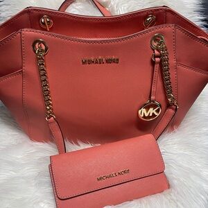 Coral Pink Purse with Trifold wallet. Michael Kors